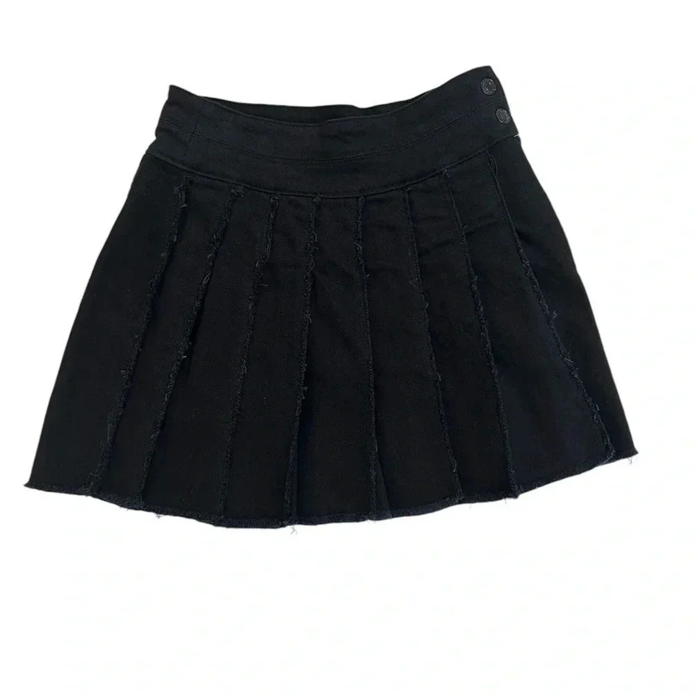 Tractr Girls Black Denim Pleated Tennis Skirt Size 8 Button & Zipper Side